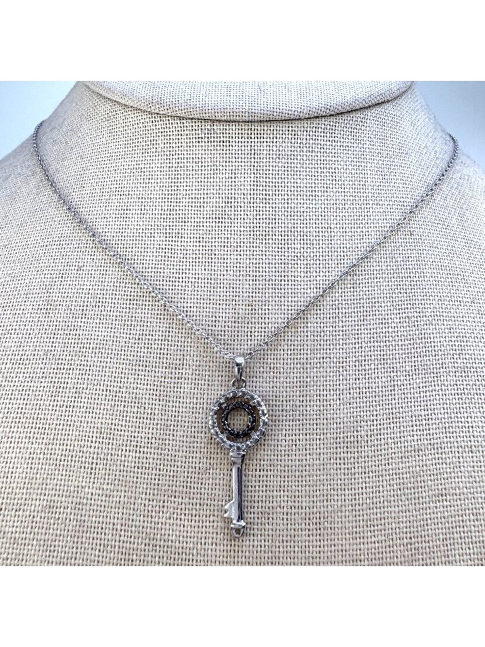 Illusion Stone Skeleton Key Pendant Necklace Sterling Silver 925 Size 12" Length